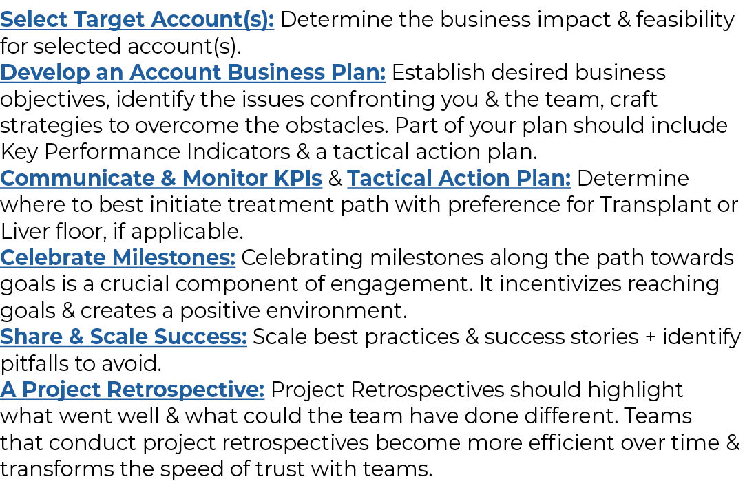 Select Target Account(s): Determine the business impact & feasibility for selected account(s)  Develop an Account Bus   